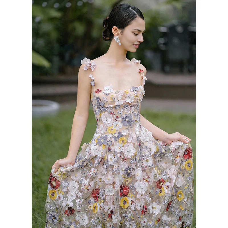 Weitese Formal Women's Dresses French Style Flower Evening Dress 3D Flower Mesh A Line Dress Prom Dresses Stores