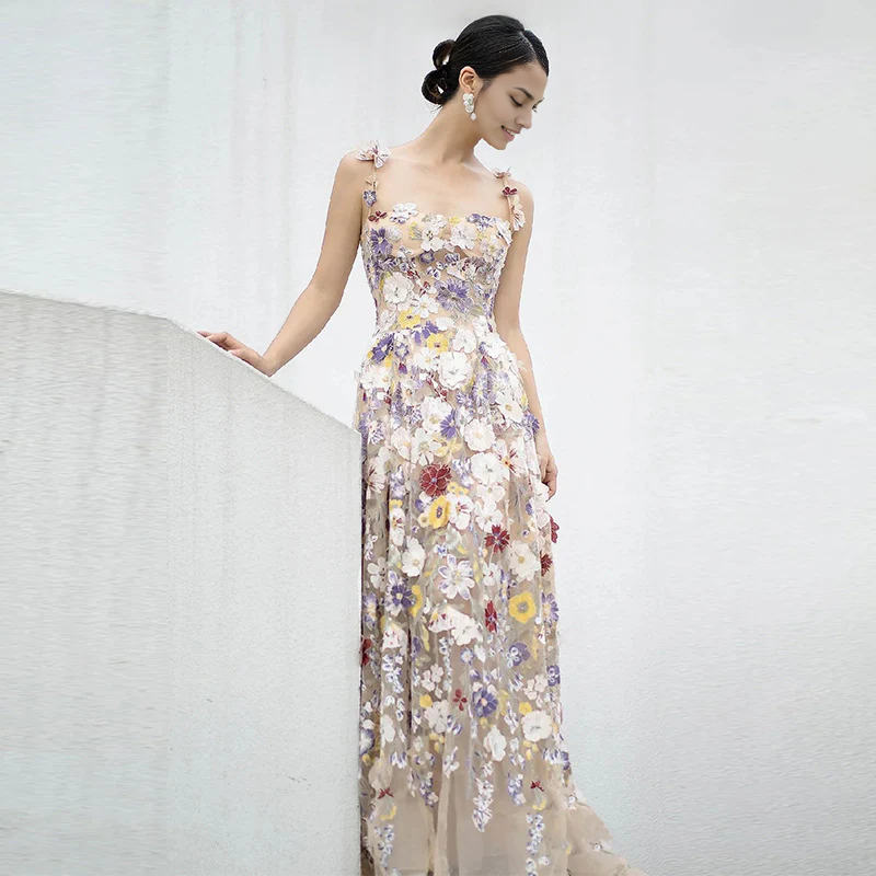 Weitese Formal Women's Dresses French Style Flower Evening Dress 3D Flower Mesh A Line Dress Prom Dresses Stores