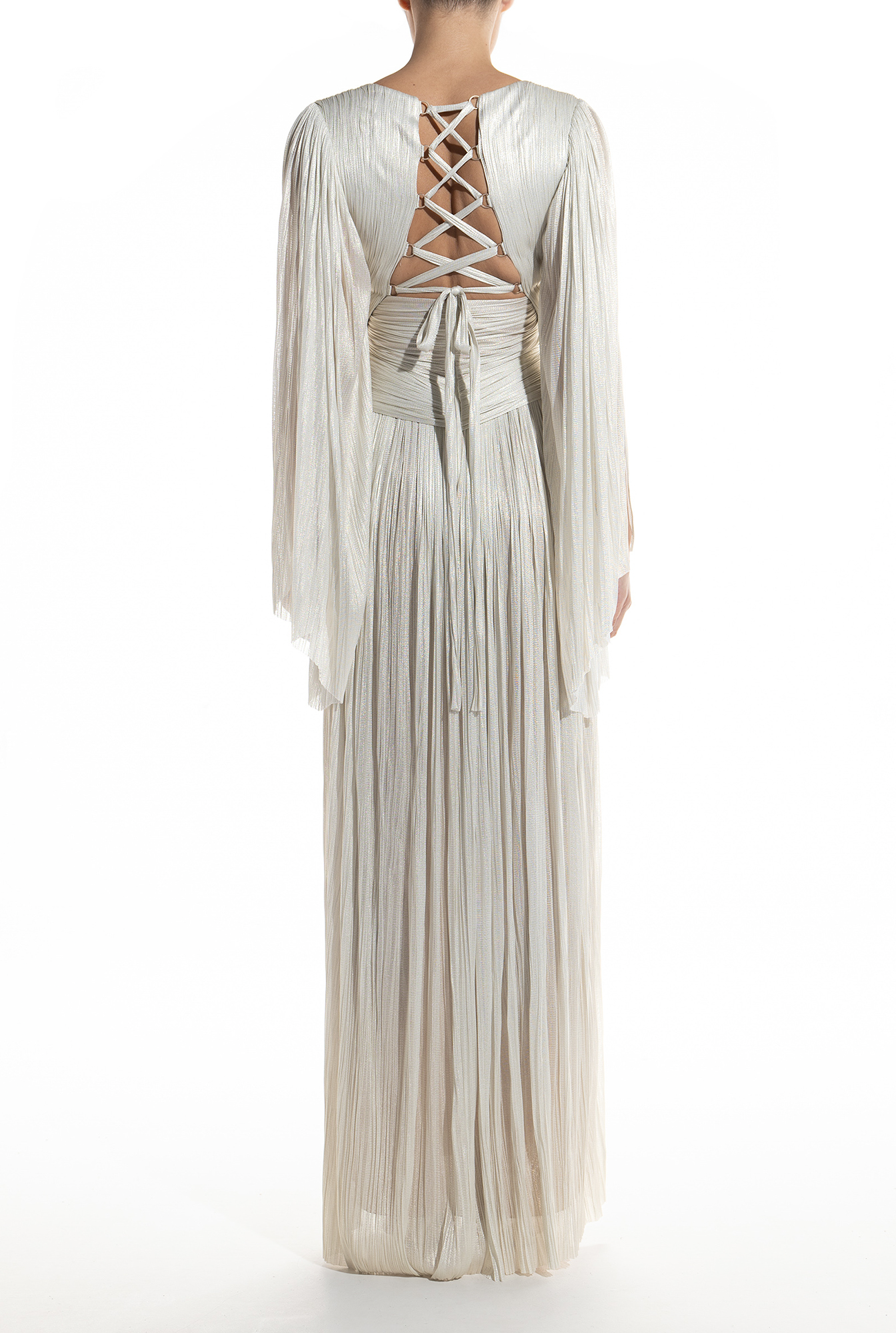 Weitese Prom Dress In Store Chic V Neck A-line Long Sleeves Evening Dress Backless Lace Up With Slit Pleated Dresses Evening Wear