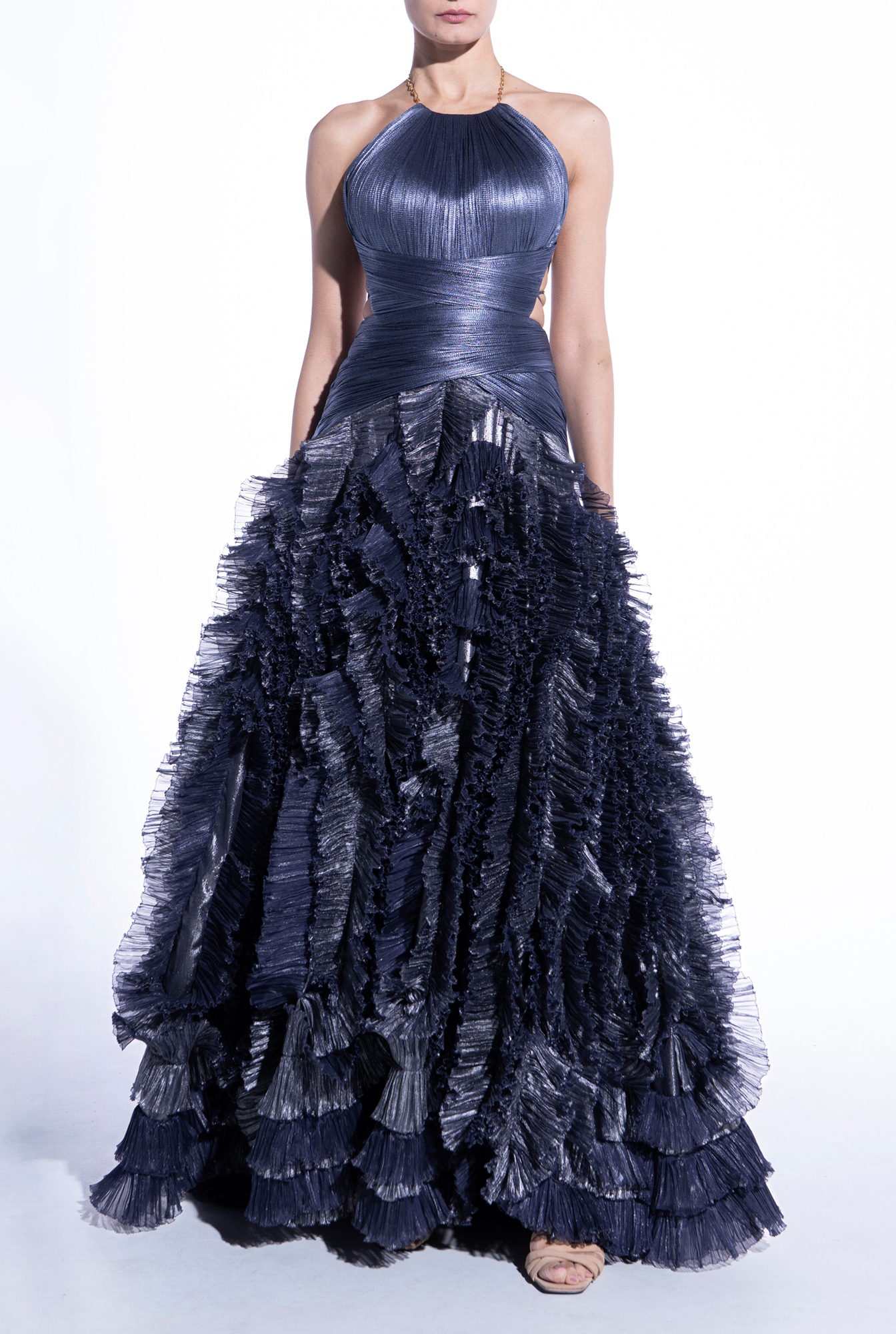 Weitese Prom Dress In Store Halter A-line Tiered Pleated Evening Dress Floor Length Sleeveless Dresses Evening Wear