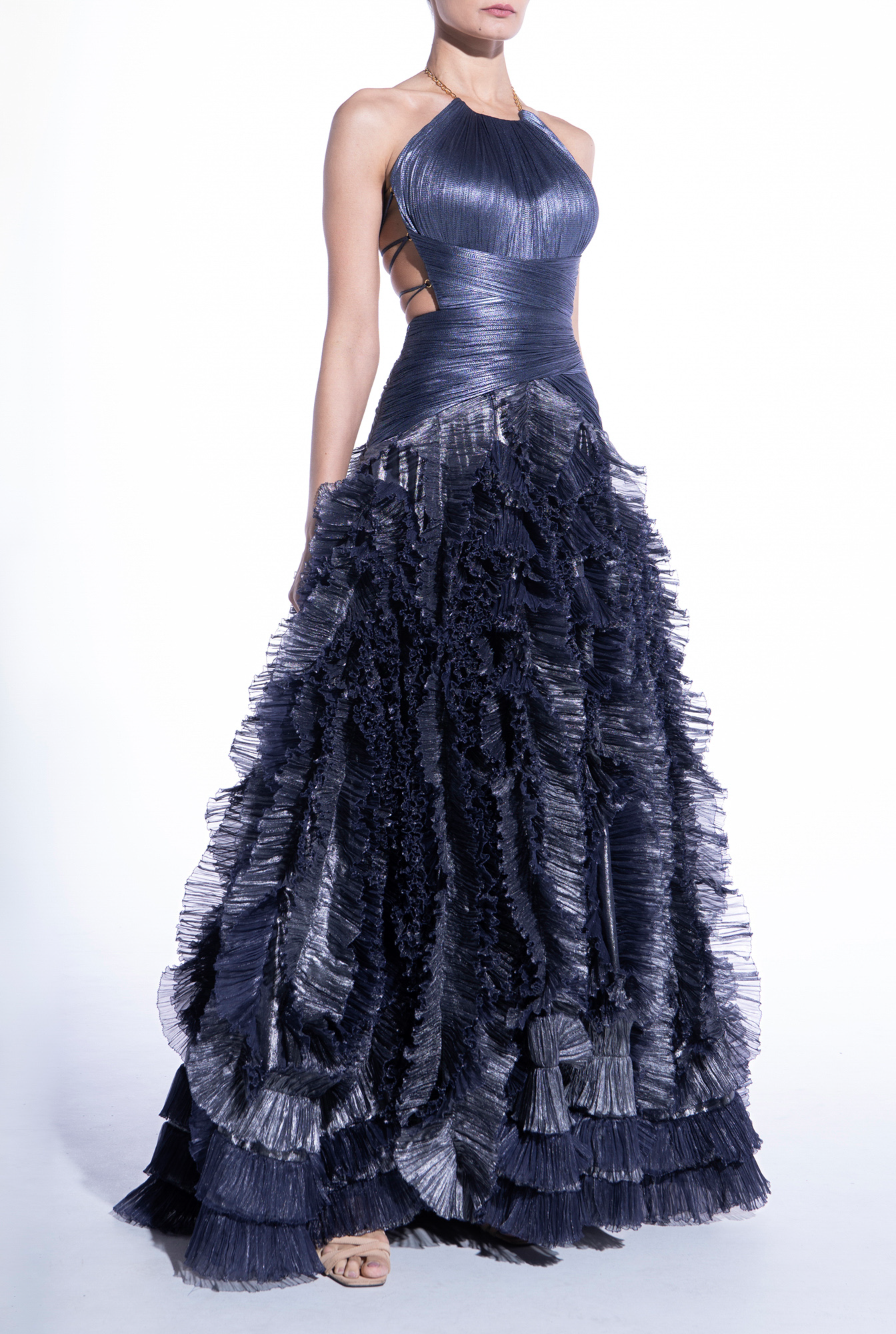 Weitese Prom Dress In Store Halter A-line Tiered Pleated Evening Dress Floor Length Sleeveless Dresses Evening Wear