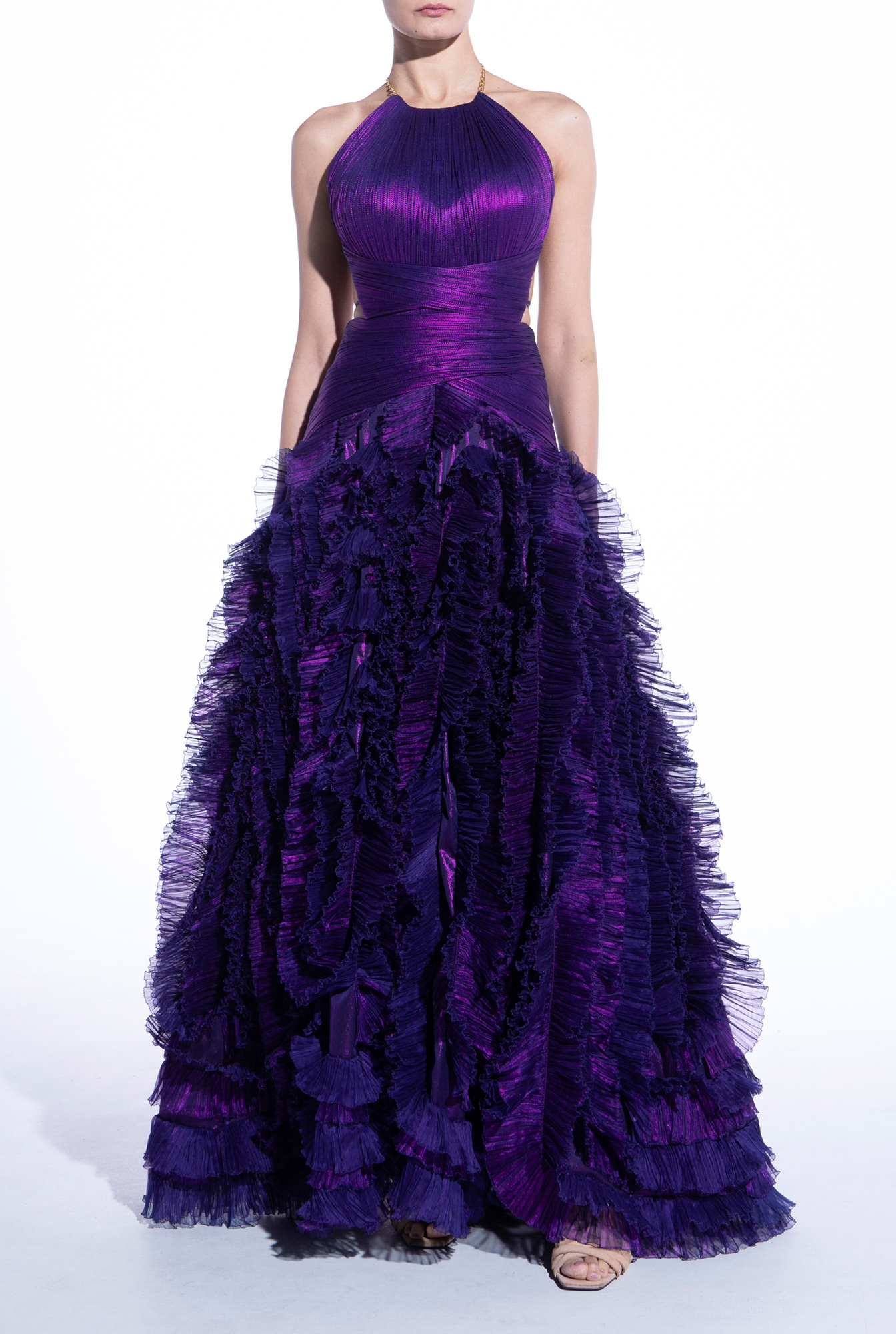 Weitese Prom Dress In Store Halter A-line Midnight Orchid Tiered Pleated Evening Dress Floor Length Sleeveless Dresses Evening Wear