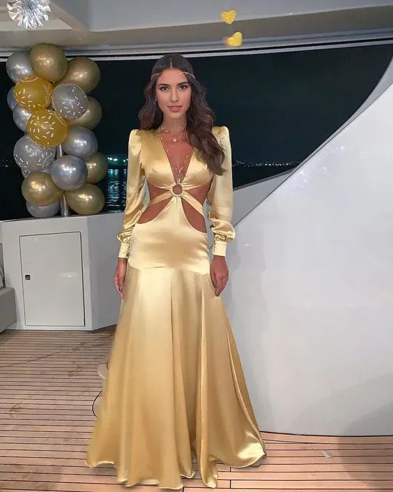 Weitese Formal Women's Dresses Gold Long Sleeve Deep V Neck Long Prom Dress Evening Dress Formal Dress Prom Dresses Stores