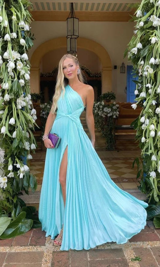 Robe de soirée longue plissée bleue à une épaule, coupe trapèze, robe de soirée, robes de bal, robes formelles pour femmes 