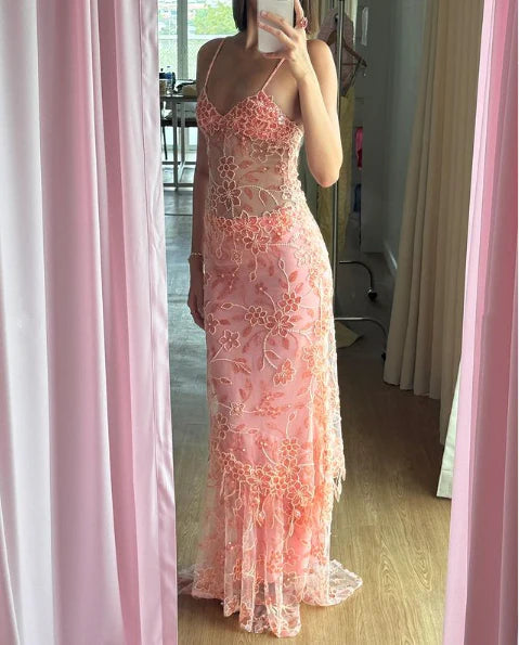 Weitese Formal Wear Dresses Pink Spaghetti Straps Lace Beading Gorgeous Mermaid Evening Dress Stores With Prom Dresses Formal Women's Dresses