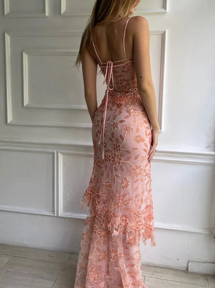 Weitese Formal Wear Dresses Pink Spaghetti Straps Lace Beading Gorgeous Mermaid Evening Dress Stores With Prom Dresses Formal Women's Dresses