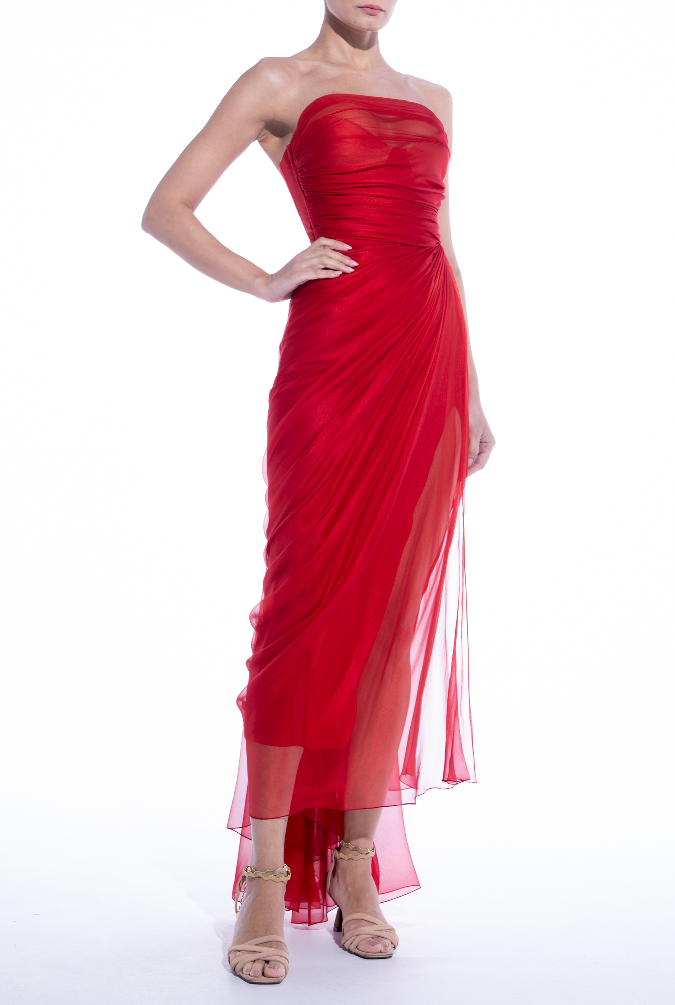 Weitese Prom Dress In Store Strapless A-line Red Sleeveless Evening Dress Strapless Backless With Slit Dresses Evening Wear