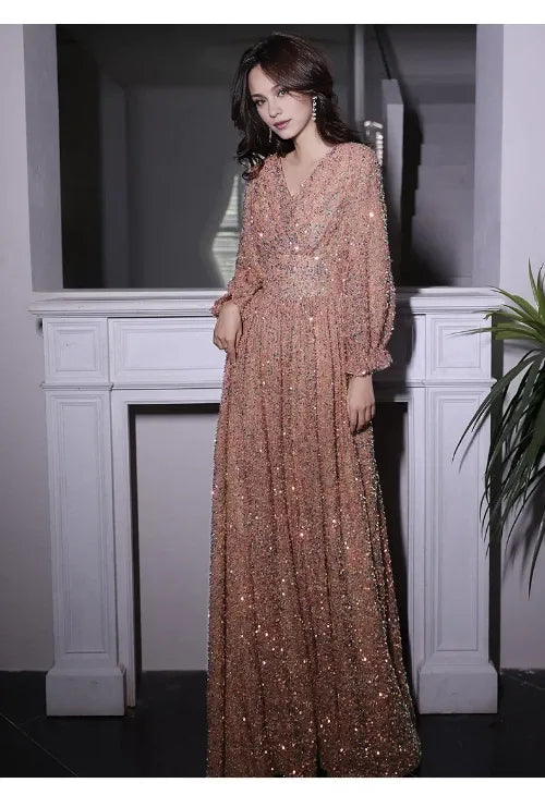 Evening Dresses Elegant V-Neck A-Line Floor-Length Sparkly Sequin Gowns Dress Hot Sale Long Evening Dresses Cocktail Dresses