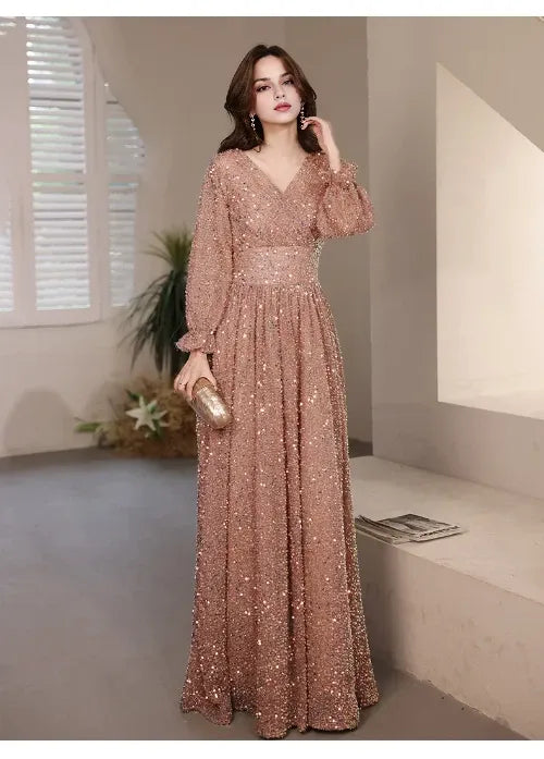 Evening Dresses Elegant V-Neck A-Line Floor-Length Sparkly Sequin Gowns Dress Hot Sale Long Evening Dresses Cocktail Dresses