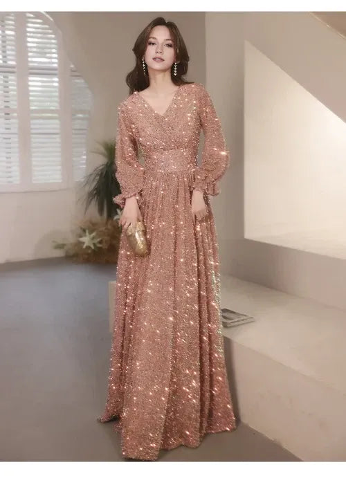Evening Dresses Elegant V-Neck A-Line Floor-Length Sparkly Sequin Gowns Dress Hot Sale Long Evening Dresses Cocktail Dresses