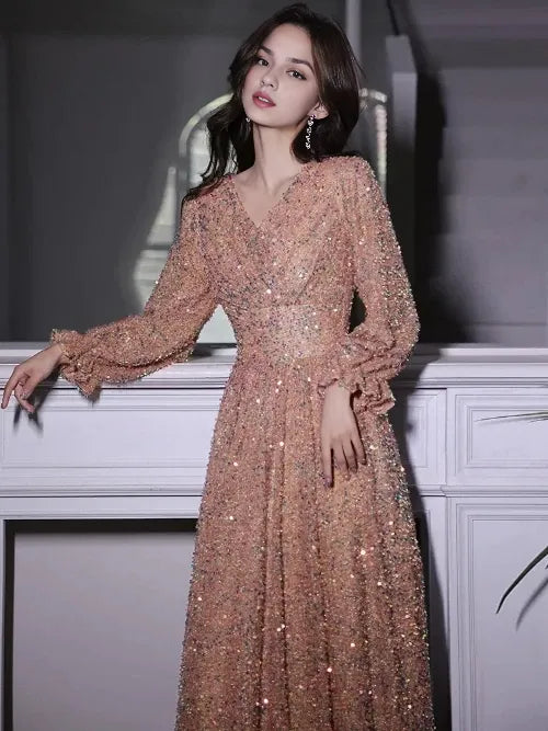 Evening Dresses Elegant V-Neck A-Line Floor-Length Sparkly Sequin Gowns Dress Hot Sale Long Evening Dresses Cocktail Dresses