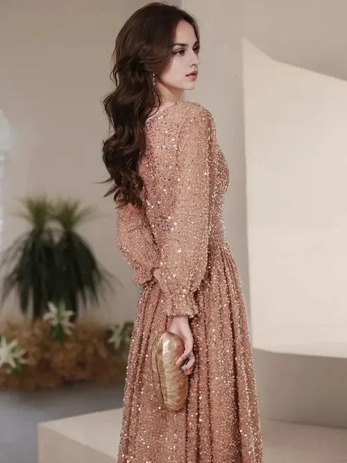 Evening Dresses Elegant V-Neck A-Line Floor-Length Sparkly Sequin Gowns Dress Hot Sale Long Evening Dresses Cocktail Dresses