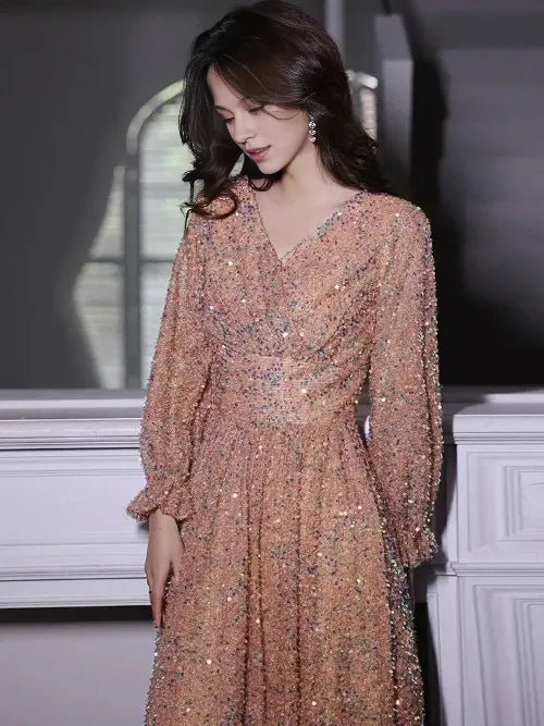 Evening Dresses Elegant V-Neck A-Line Floor-Length Sparkly Sequin Gowns Dress Hot Sale Long Evening Dresses Cocktail Dresses
