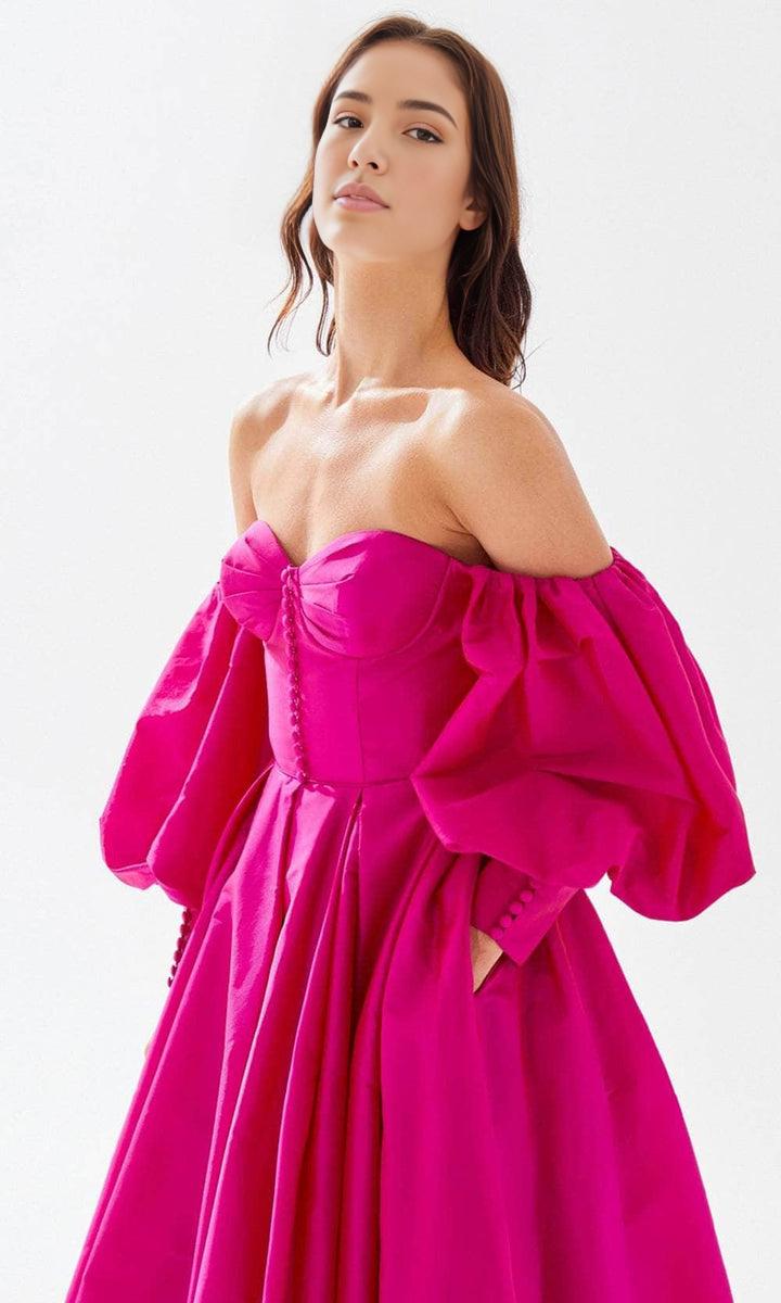 Evening Dresses For Women/ Off Shoulder Puff Sleeve Sweetheart Bustier Buttons Prom Dress With Train Evening Dresses