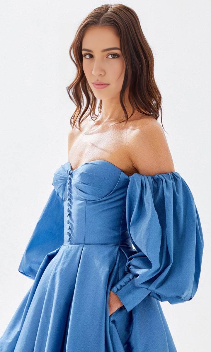 Evening Dresses For Women/ Off Shoulder Puff Sleeve Sweetheart Bustier Buttons Prom Dress With Train Evening Dresses