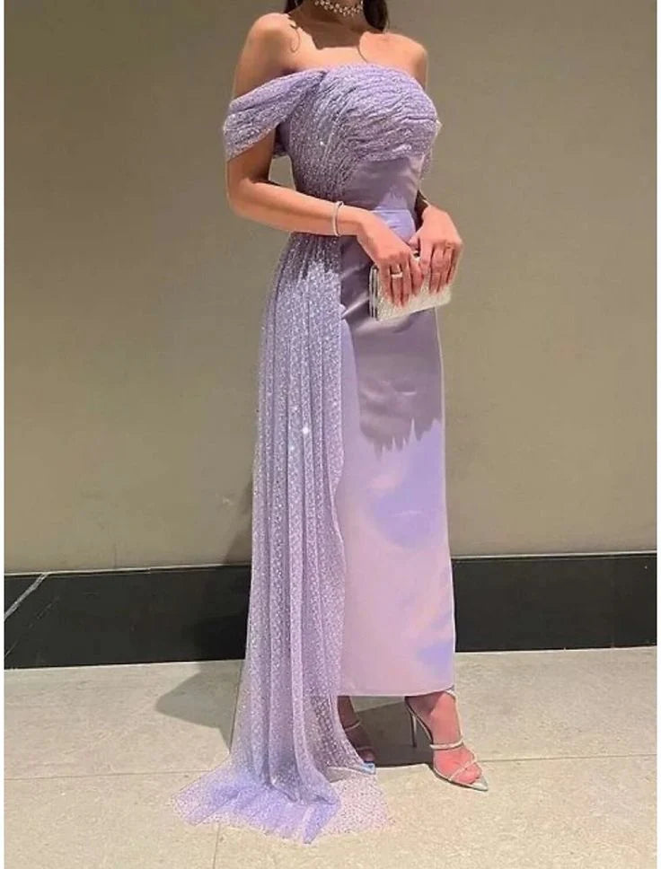 Robe de soirée élégante longueur cheville, manches courtes, épaules dénudées, satin avec paillettes froncées 