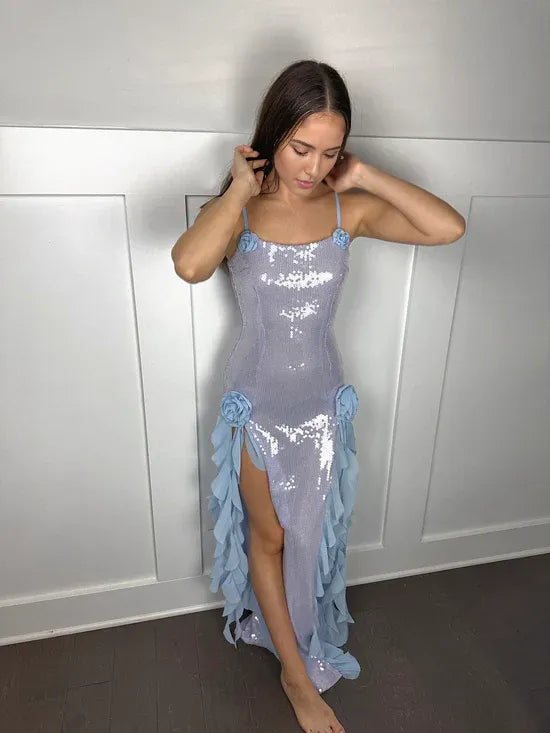 Weitese Formal Wear Dresses Light Blue Sequined Spaghetti Straps Evening Party Dress Prom Dresses Shops Formal Women's Dresses