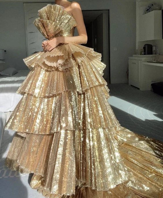 Weitese Formal Women's Dresses Stylish Golden Tiered Ball Gown Long Evening Party Dress Prom Dresses Stores