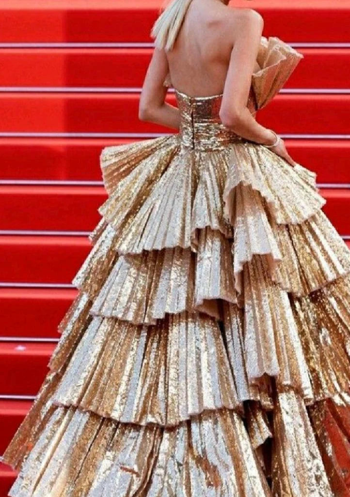 Weitese Formal Women's Dresses Stylish Golden Tiered Ball Gown Long Evening Party Dress Prom Dresses Stores