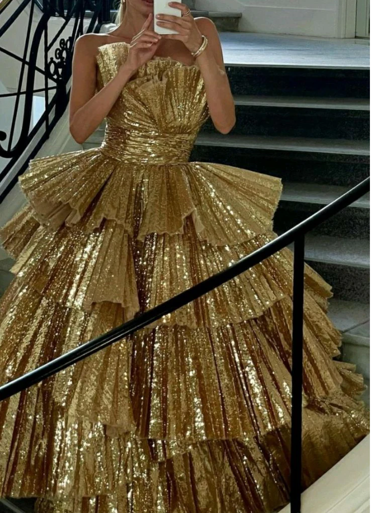 Weitese Formal Women's Dresses Stylish Golden Tiered Ball Gown Long Evening Party Dress Prom Dresses Stores