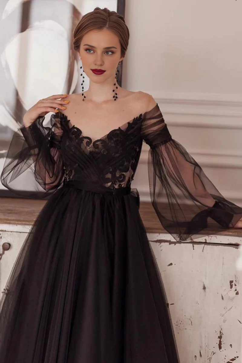 Robe de soirée trapèze en tulle à épaules dénudées et longueur thé pour femme 