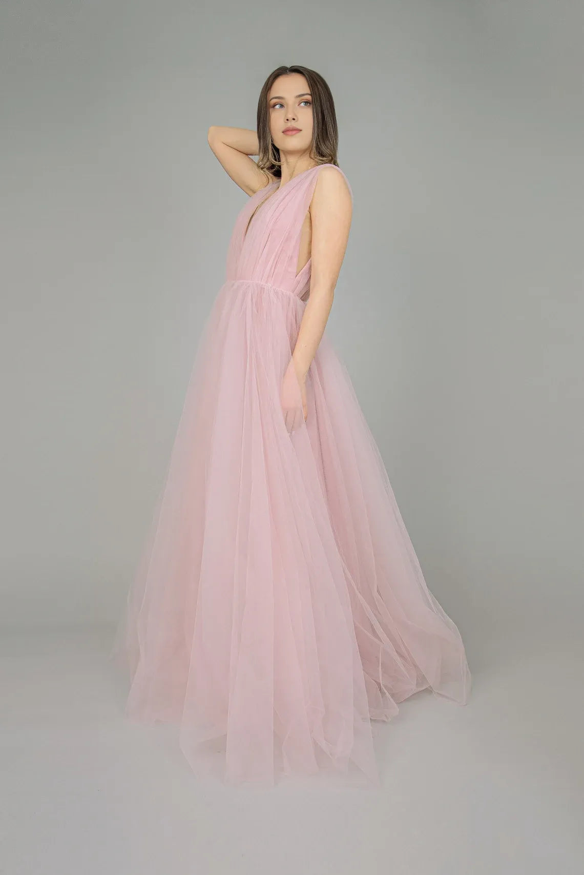 Evening Tulle Dress Pale Pink Dress Prom Long Dress Handcrafted V Neck Sleeveless Bridesmaid Dress Romantic Dress Wedding Dress Cocktail Dress