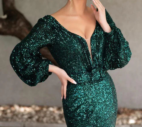Backless Sparkly Long Sleeve Floor Length Evening Dresses  ﻿