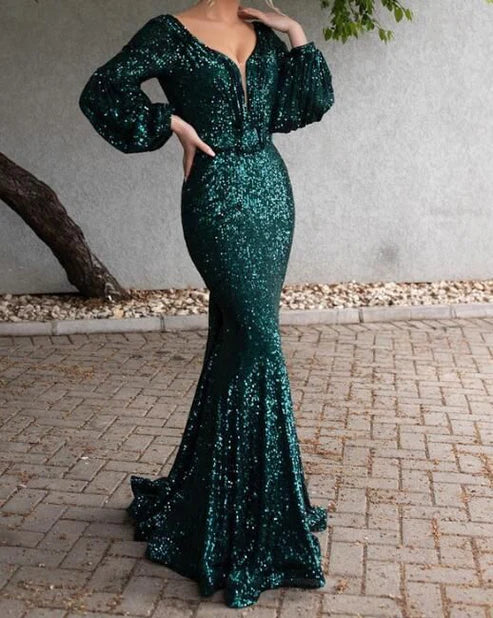 Backless Sparkly Long Sleeve Floor Length Evening Dresses  ﻿