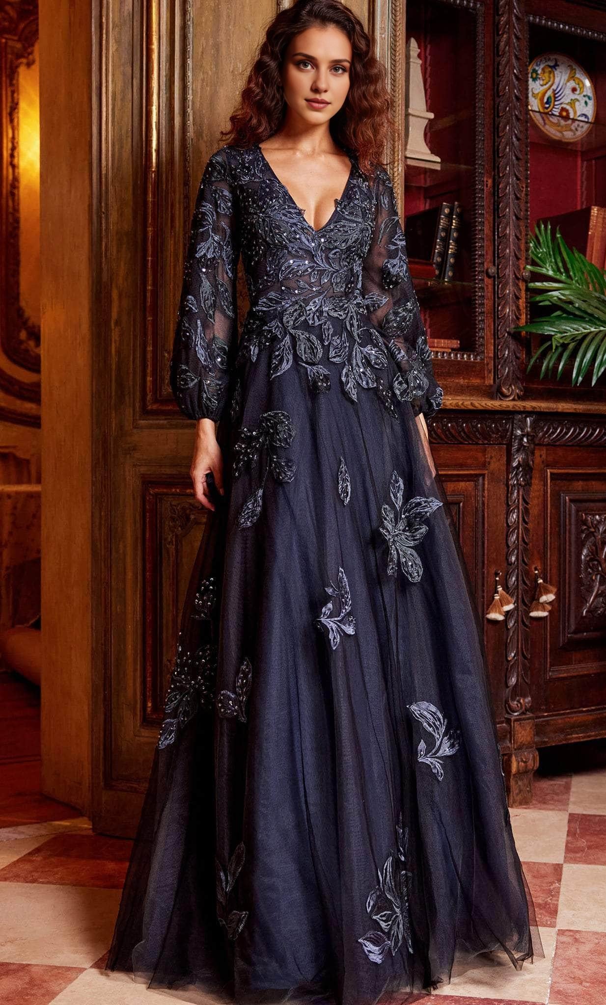 Weitese Stores With Prom Dresses Elegant Embroidered Deep V-Neck Evening Gown Prom Dress Long Sleeves Dress Formal Women's Dresses