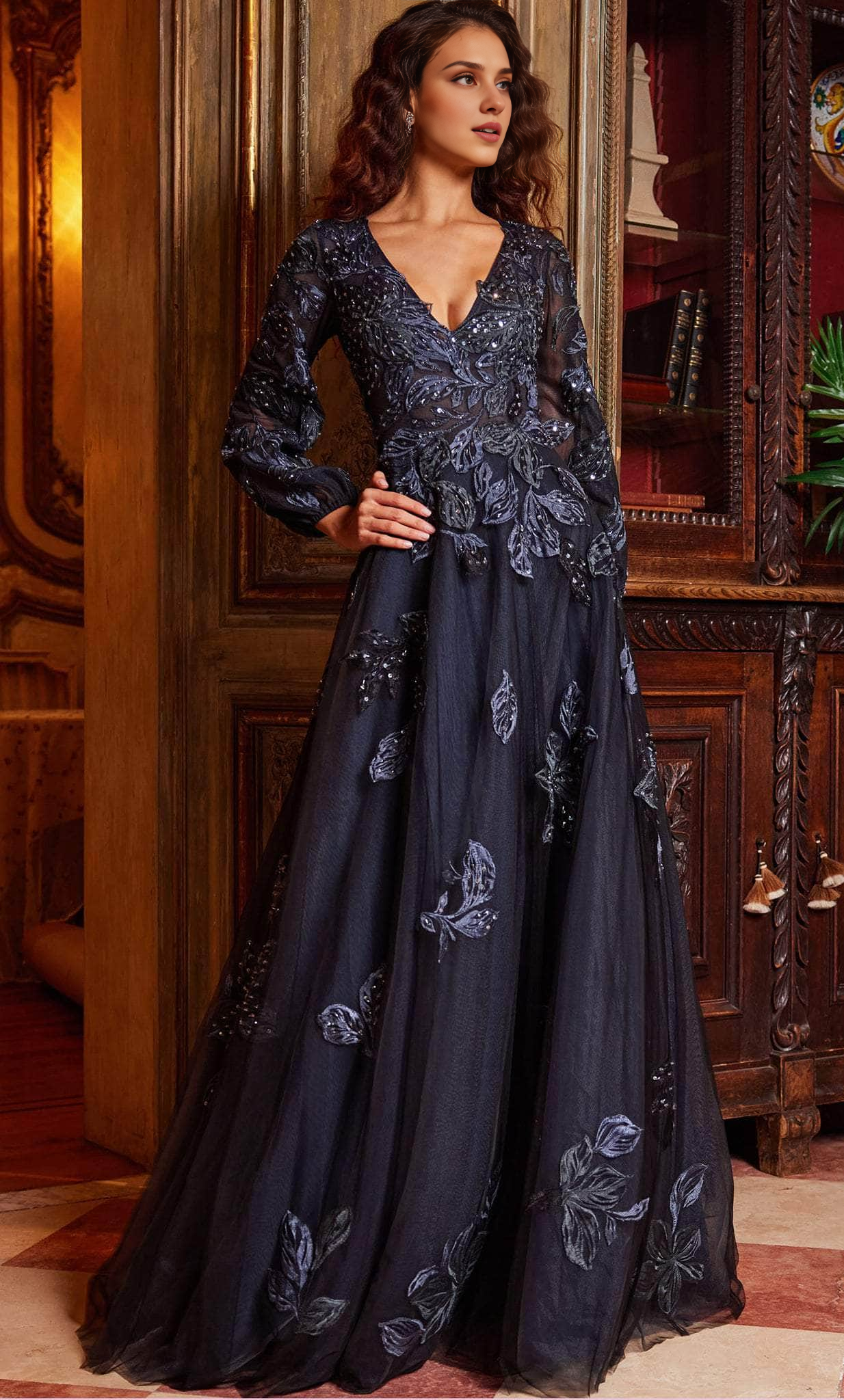 Weitese Stores With Prom Dresses Elegant Embroidered Deep V-Neck Evening Gown Prom Dress Long Sleeves Dress Formal Women's Dresses