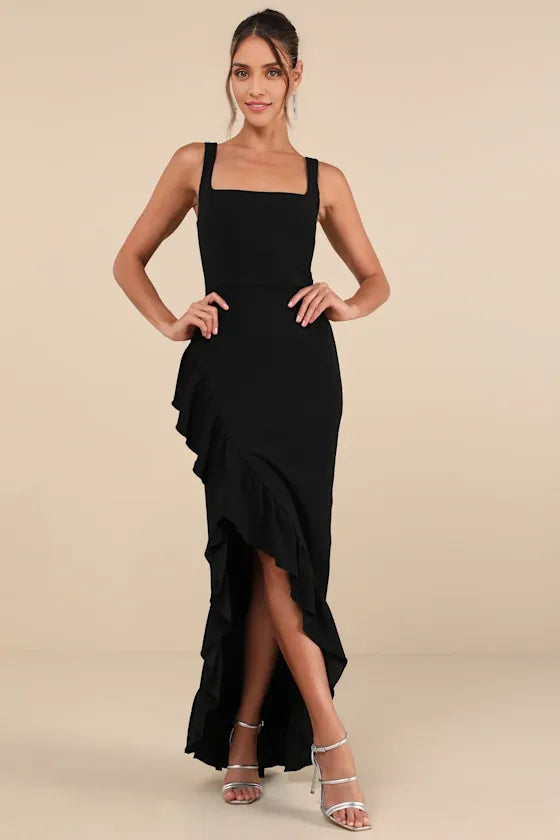 Weitese Formal Women's Dresses Sleeveless Immaculate Square Neck Excellence Black Ruffled Maxi Dress Prom Dress Stores