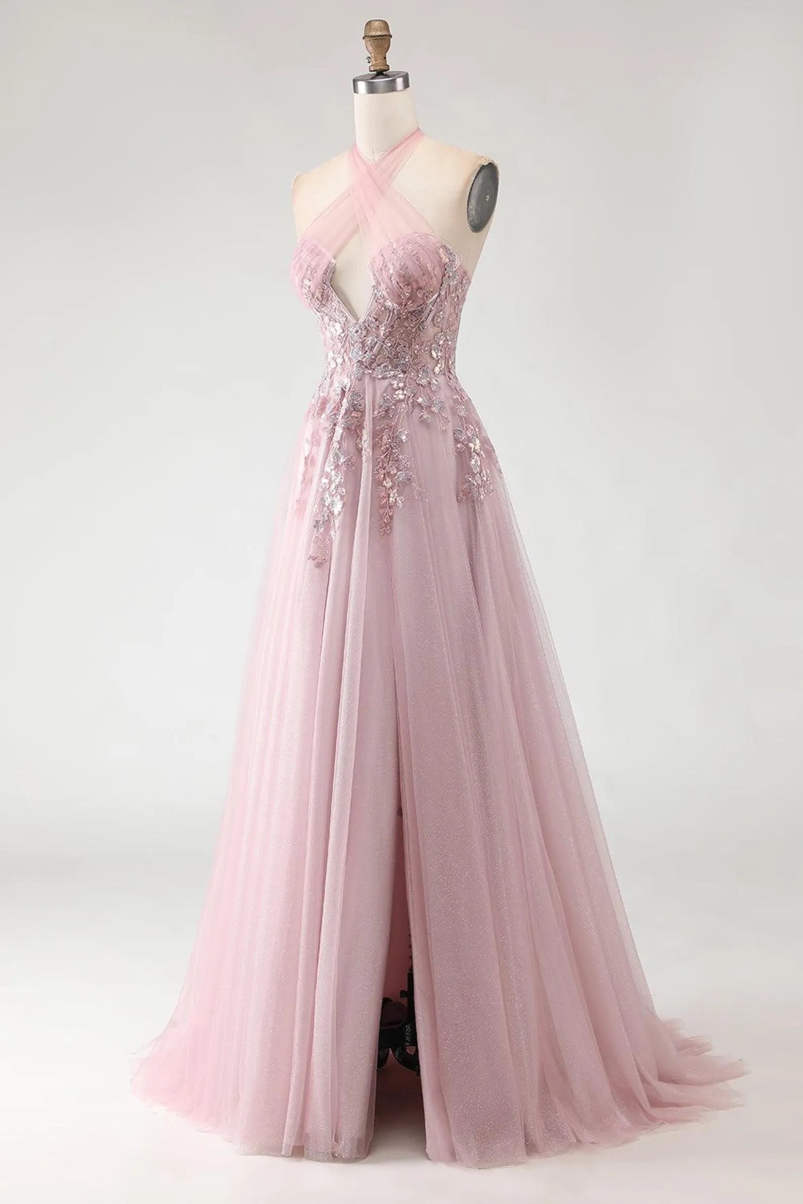 Exquisite A-Line Halter Neck Sleeveless Backless Tulle Floor-Length Prom Dress
