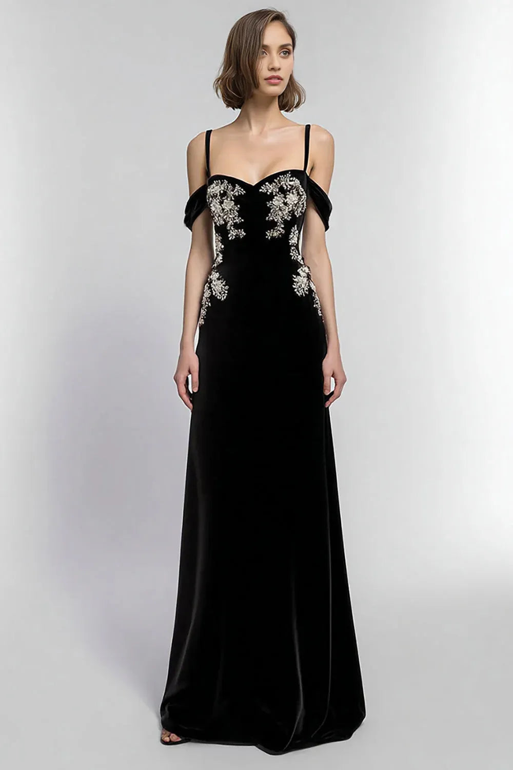 Exquisite A Line Cold Shoulder Sleeveless Velvet Floor-Length Prom Dress