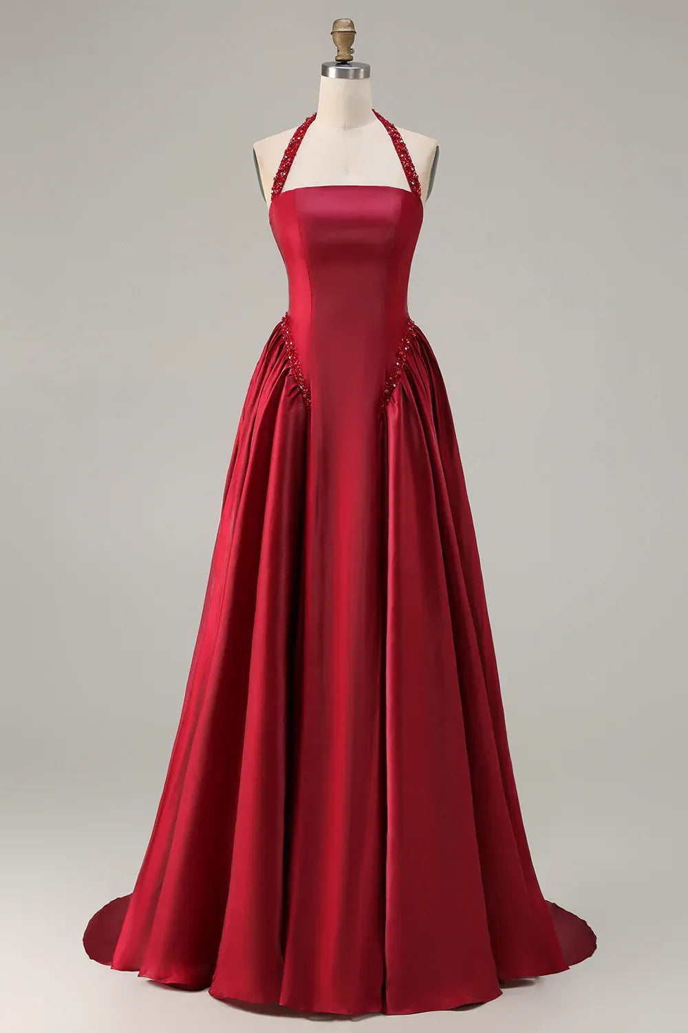 Exquisite A Line Halter Sleeveless Satin Pleated Floor-Length Prom Dress