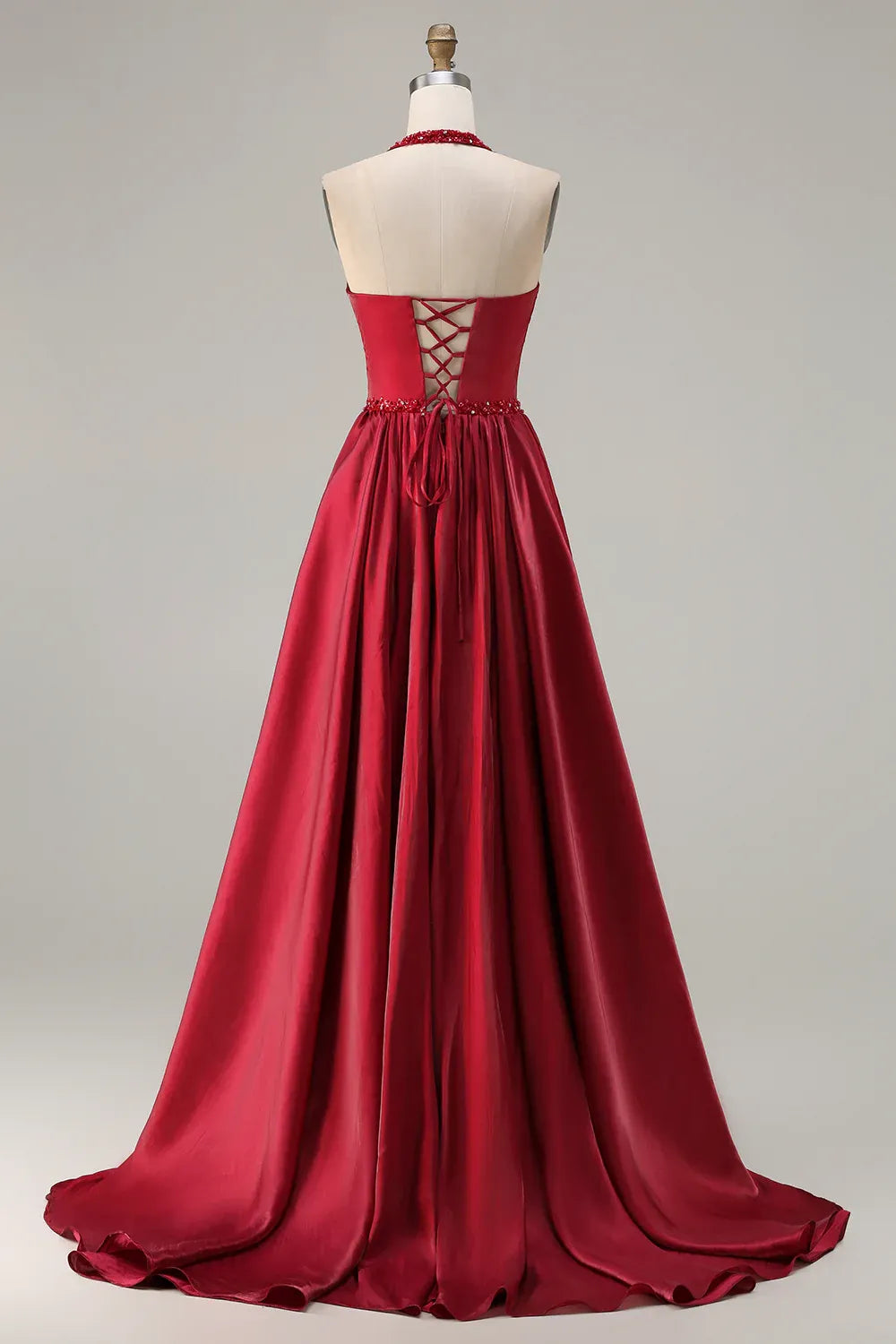 Exquisite A Line Halter Sleeveless Satin Pleated Floor-Length Prom Dress