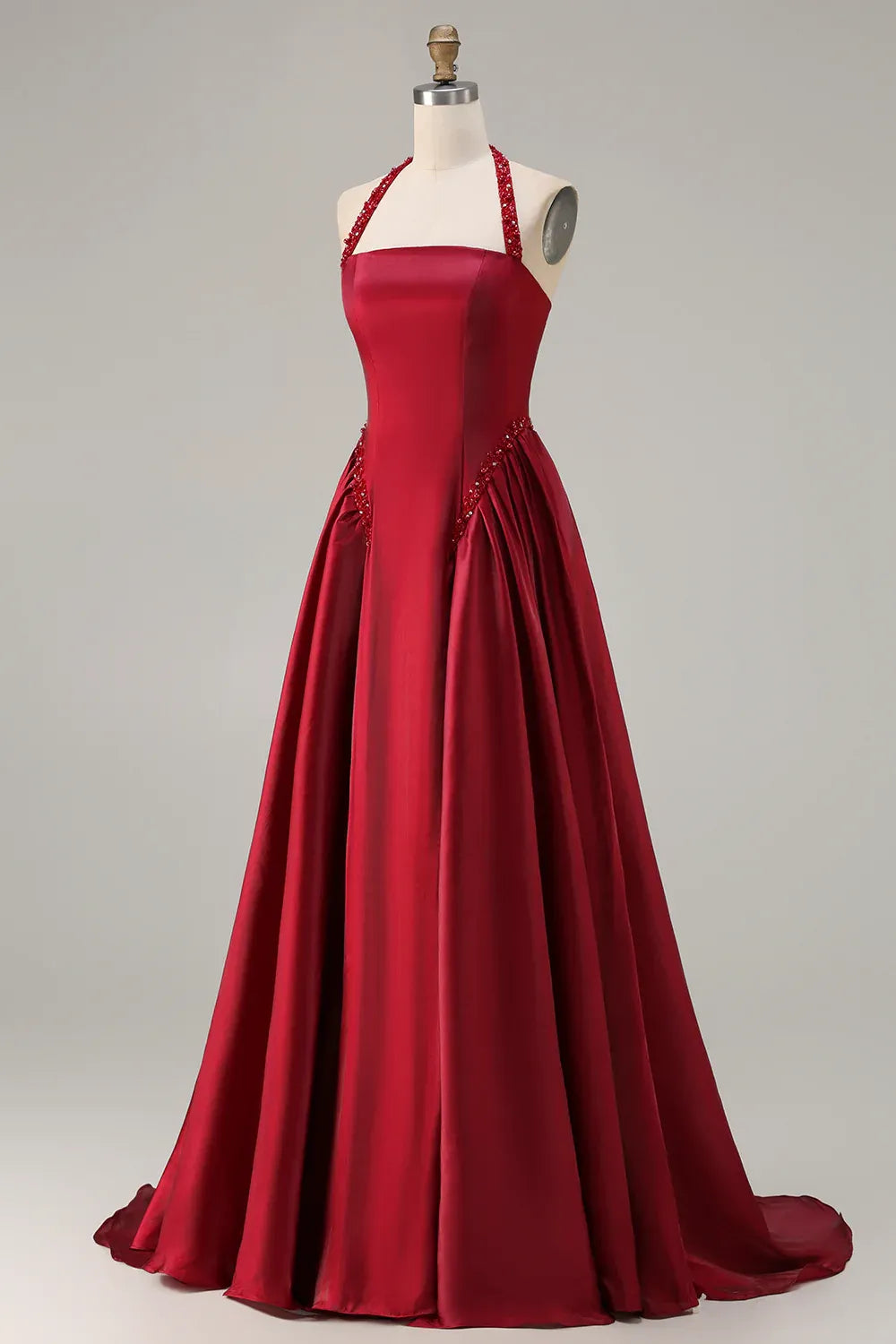 Exquisite A Line Halter Sleeveless Satin Pleated Floor-Length Prom Dress