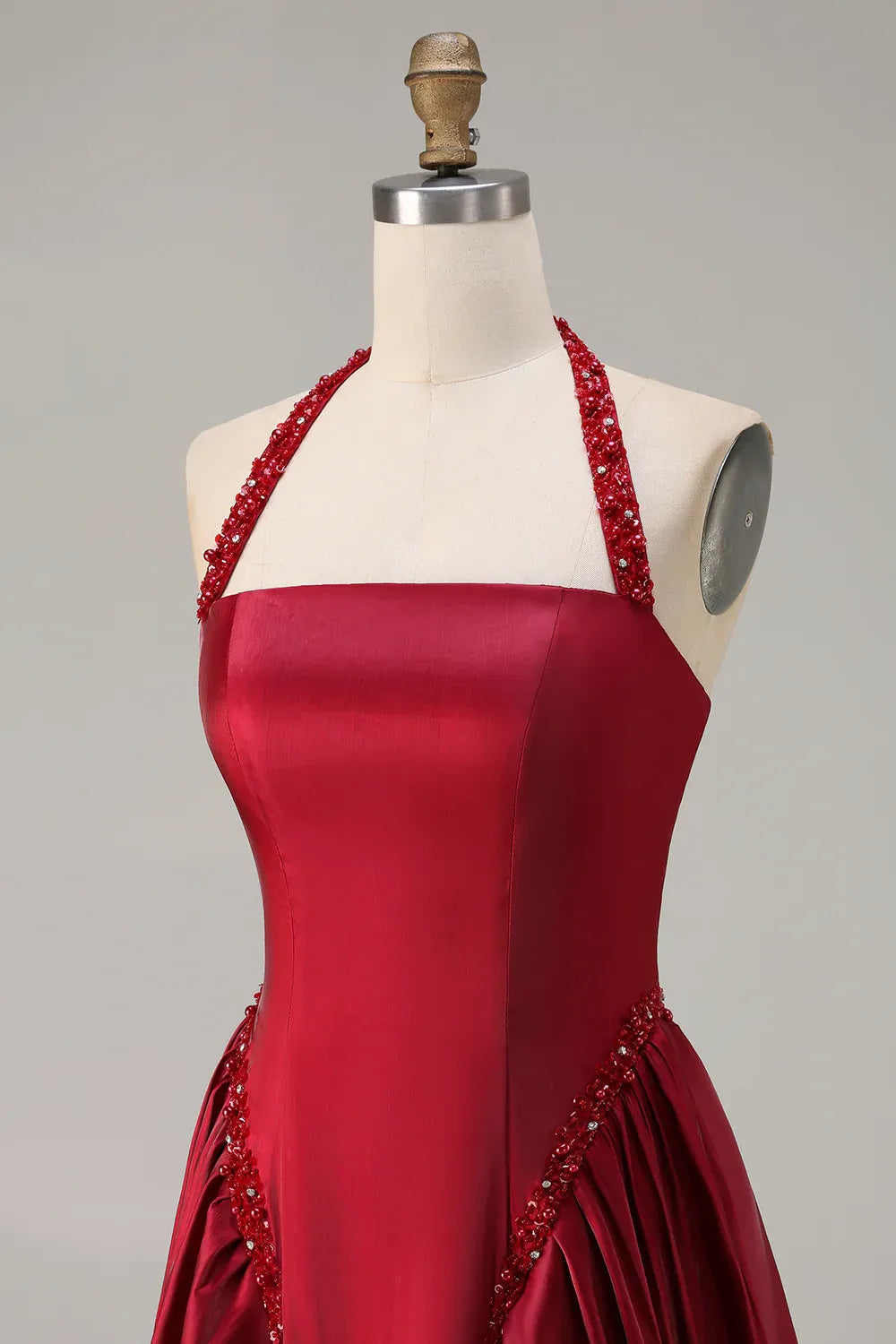 Exquisite A Line Halter Sleeveless Satin Pleated Floor-Length Prom Dress