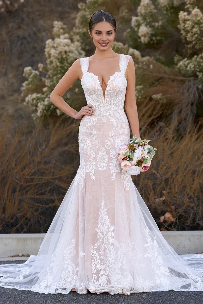 Exquisite Mermaid Off the Shoulder Sleeveless Appliques Lace Sweep Train Wedding Dress