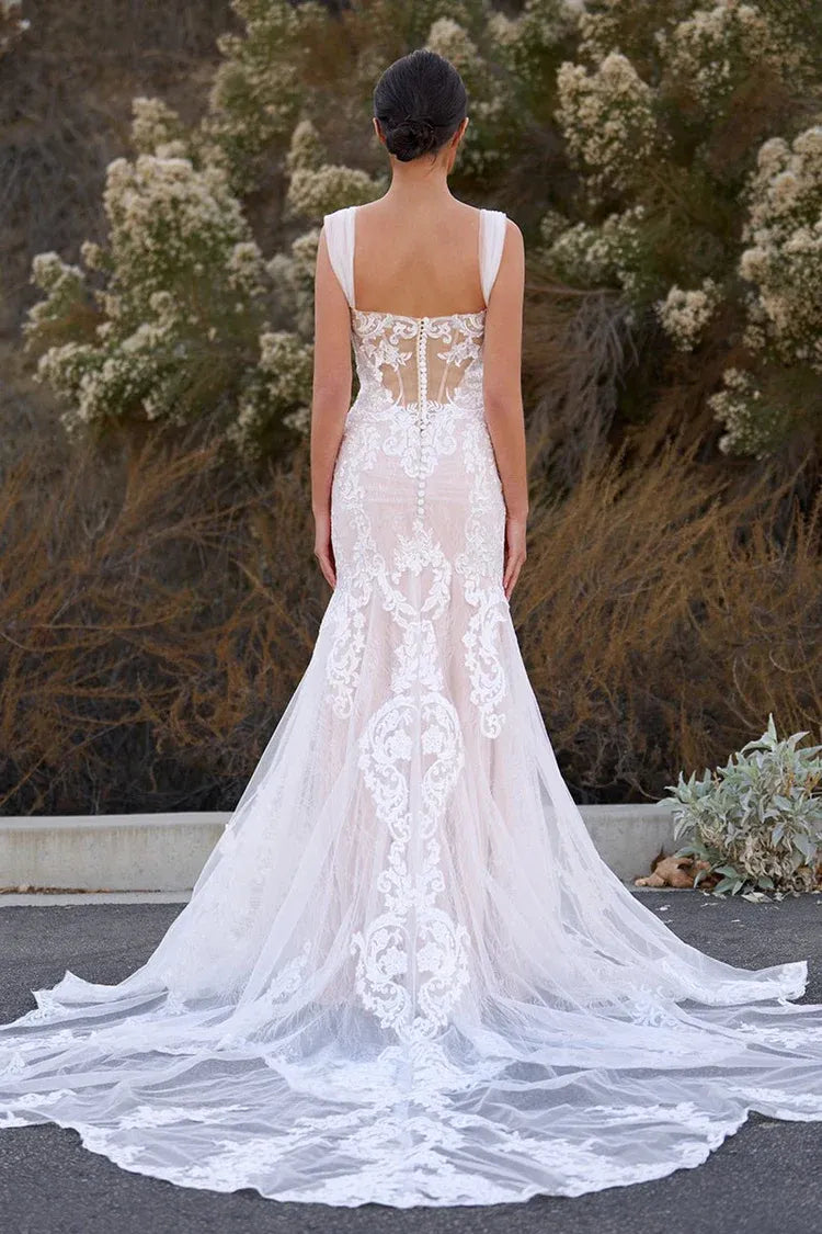 Exquisite Mermaid Off the Shoulder Sleeveless Appliques Lace Sweep Train Wedding Dress