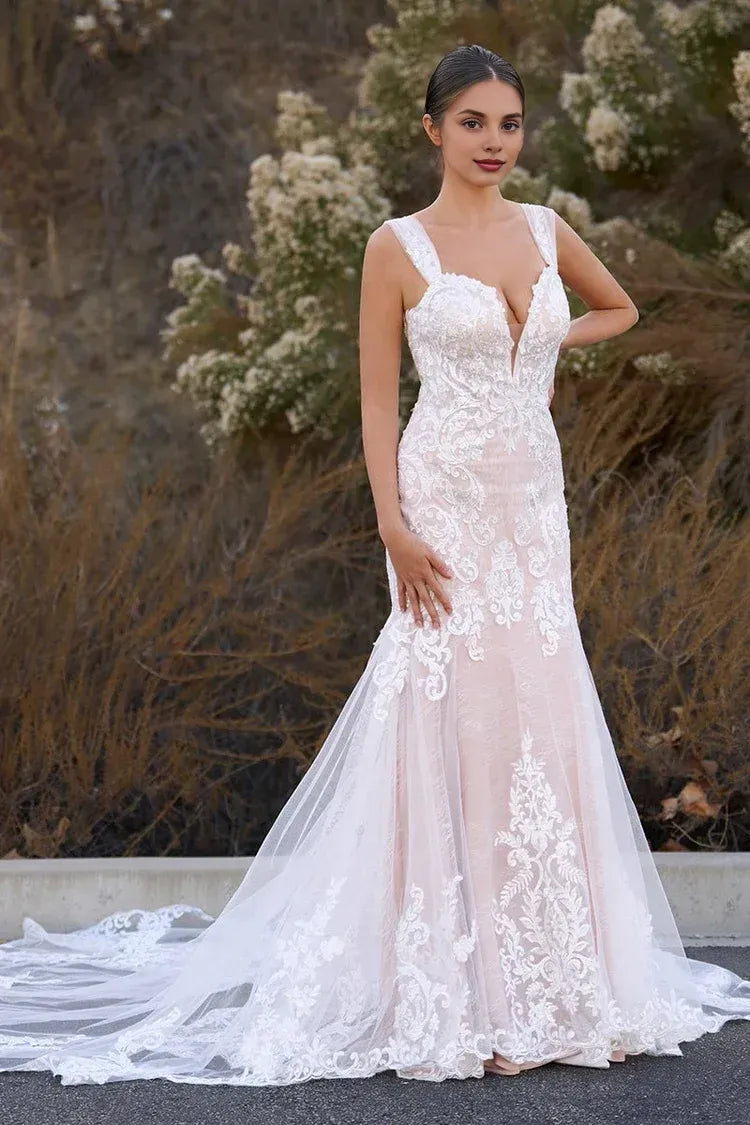 Exquisite Mermaid Off the Shoulder Sleeveless Appliques Lace Sweep Train Wedding Dress