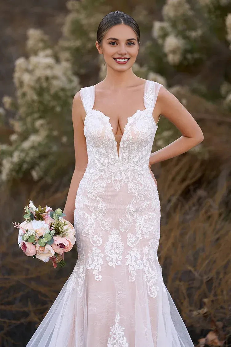 Exquisite Mermaid Off the Shoulder Sleeveless Appliques Lace Sweep Train Wedding Dress