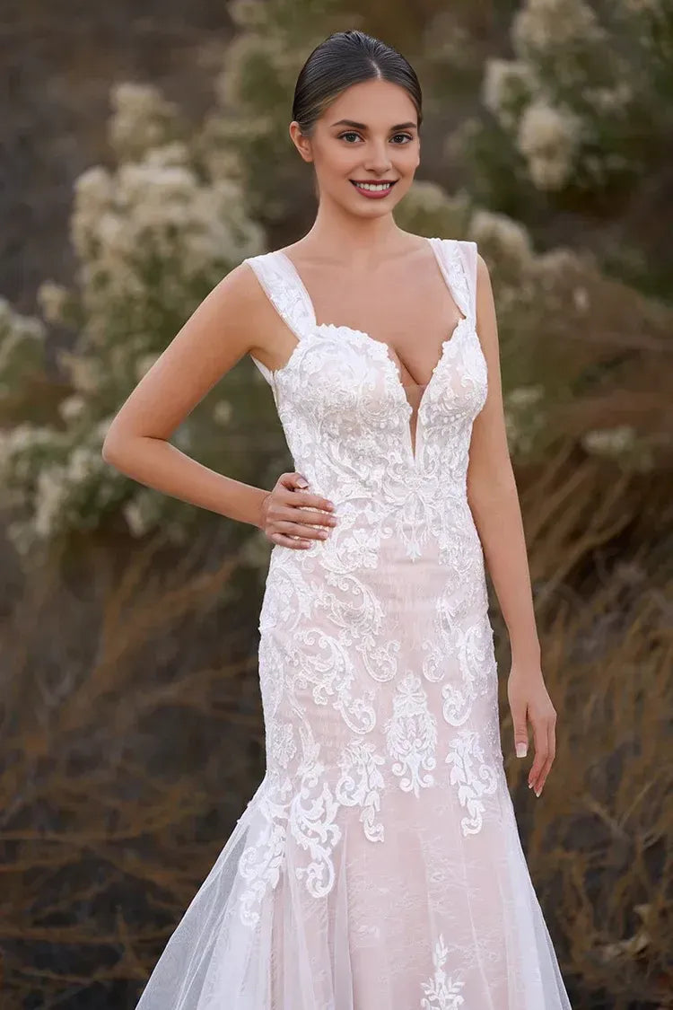 Exquisite Mermaid Off the Shoulder Sleeveless Appliques Lace Sweep Train Wedding Dress