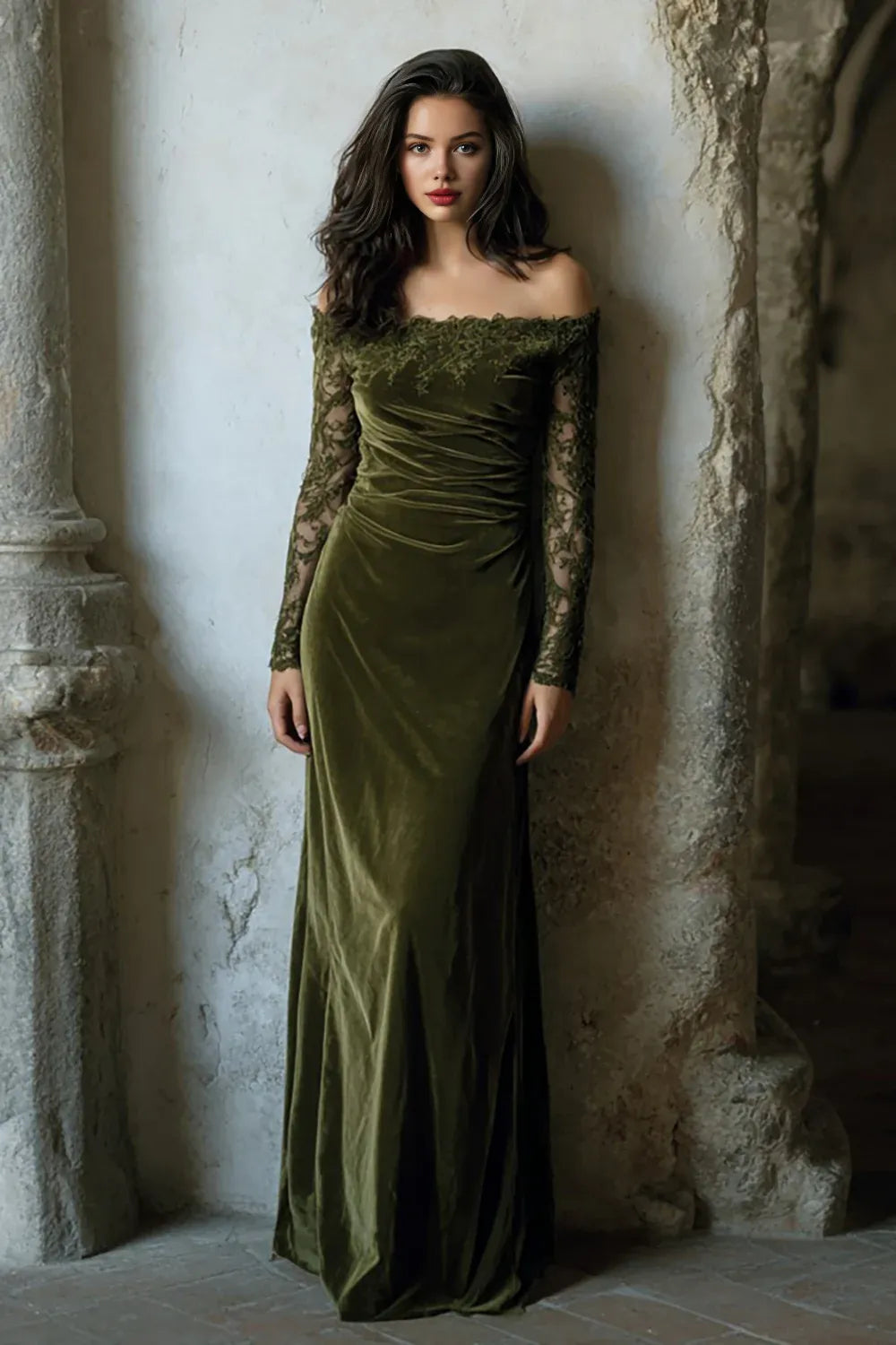 Exquisite Mermaid/Trumpet Off the Shoulder Long Sleeve Velvet Floor-Length Prom Dress