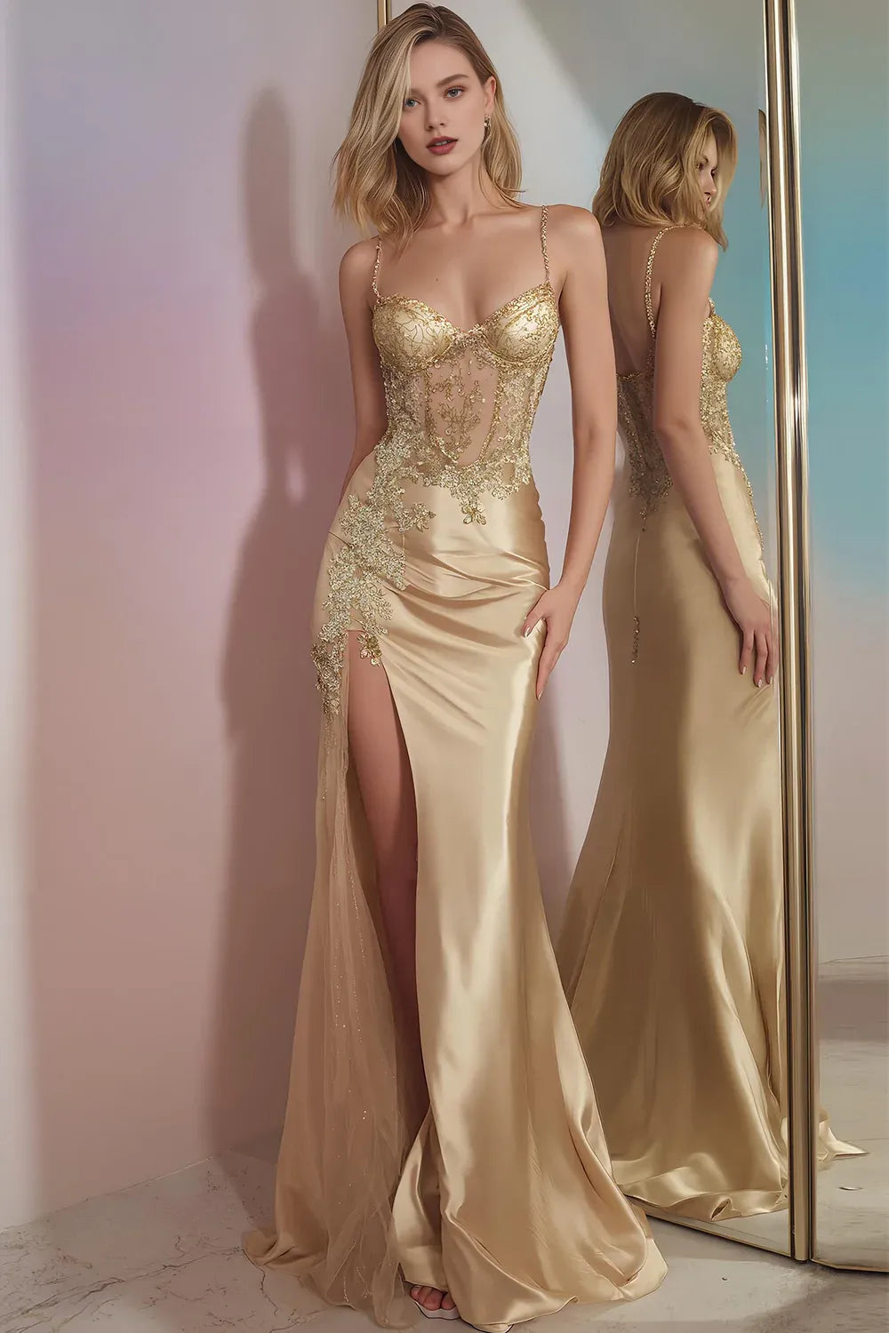 Exquisite Mermaid/Trumpet Spaghetti Straps Sleeveless Satin Sweep/Brush Train Prom Dress