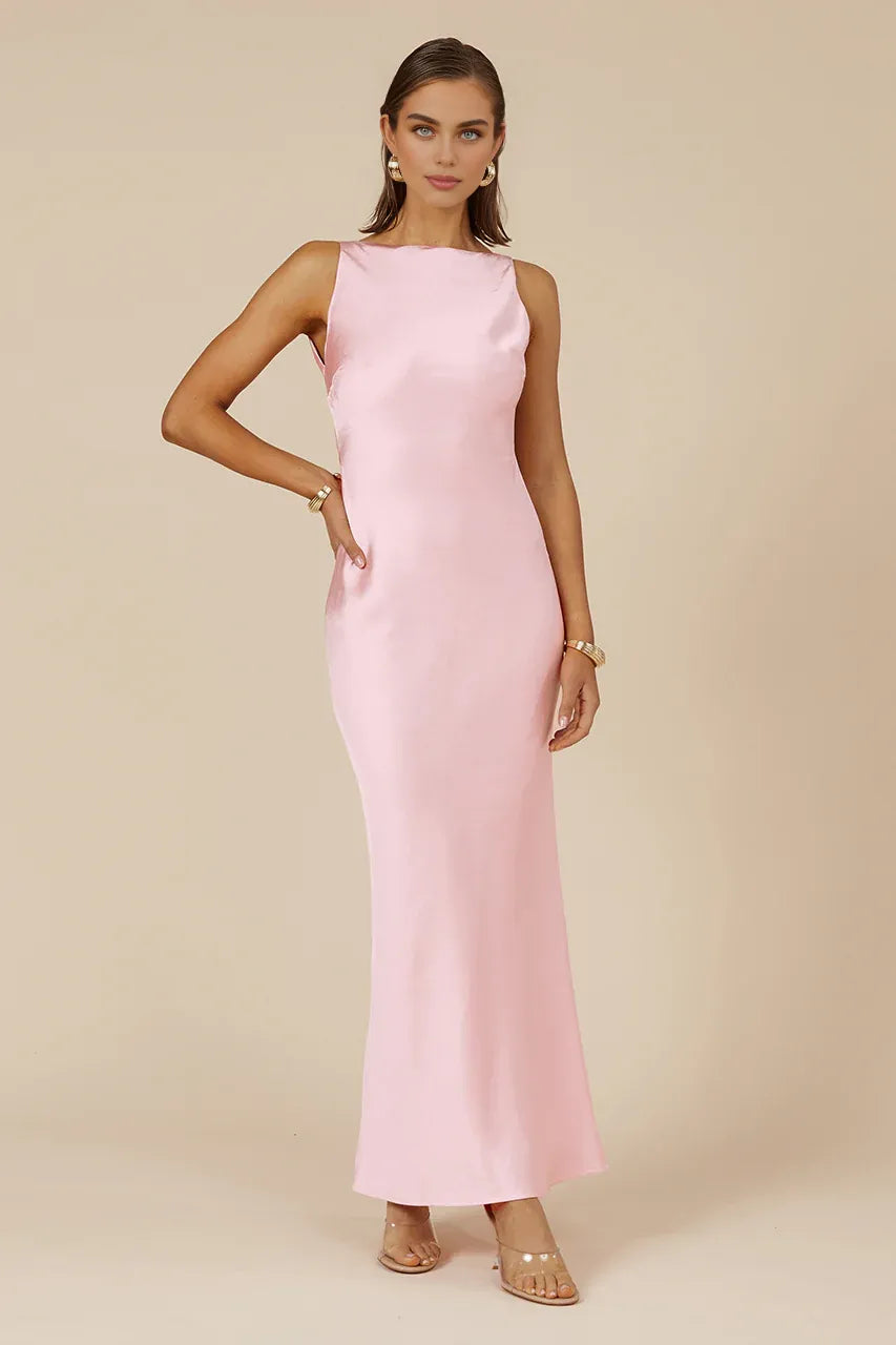Exquisite Sheath/Column Boat Neck Sleeveless Satin Floor Length Prom Dress