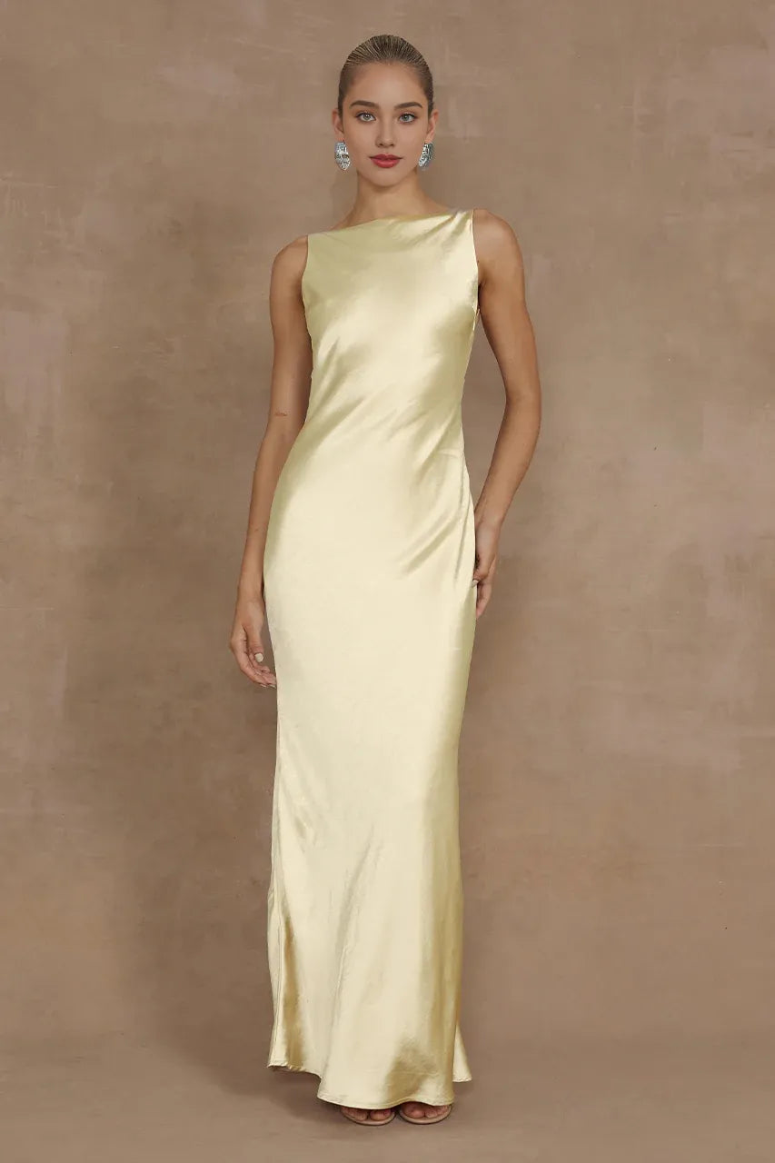 Exquisite Sheath/Column Boat Neck Sleeveless Satin Floor Length Prom Dress