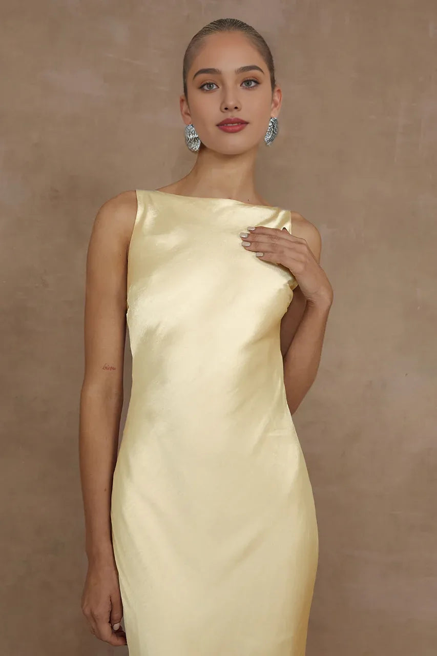 Exquisite Sheath/Column Boat Neck Sleeveless Satin Floor Length Prom Dress