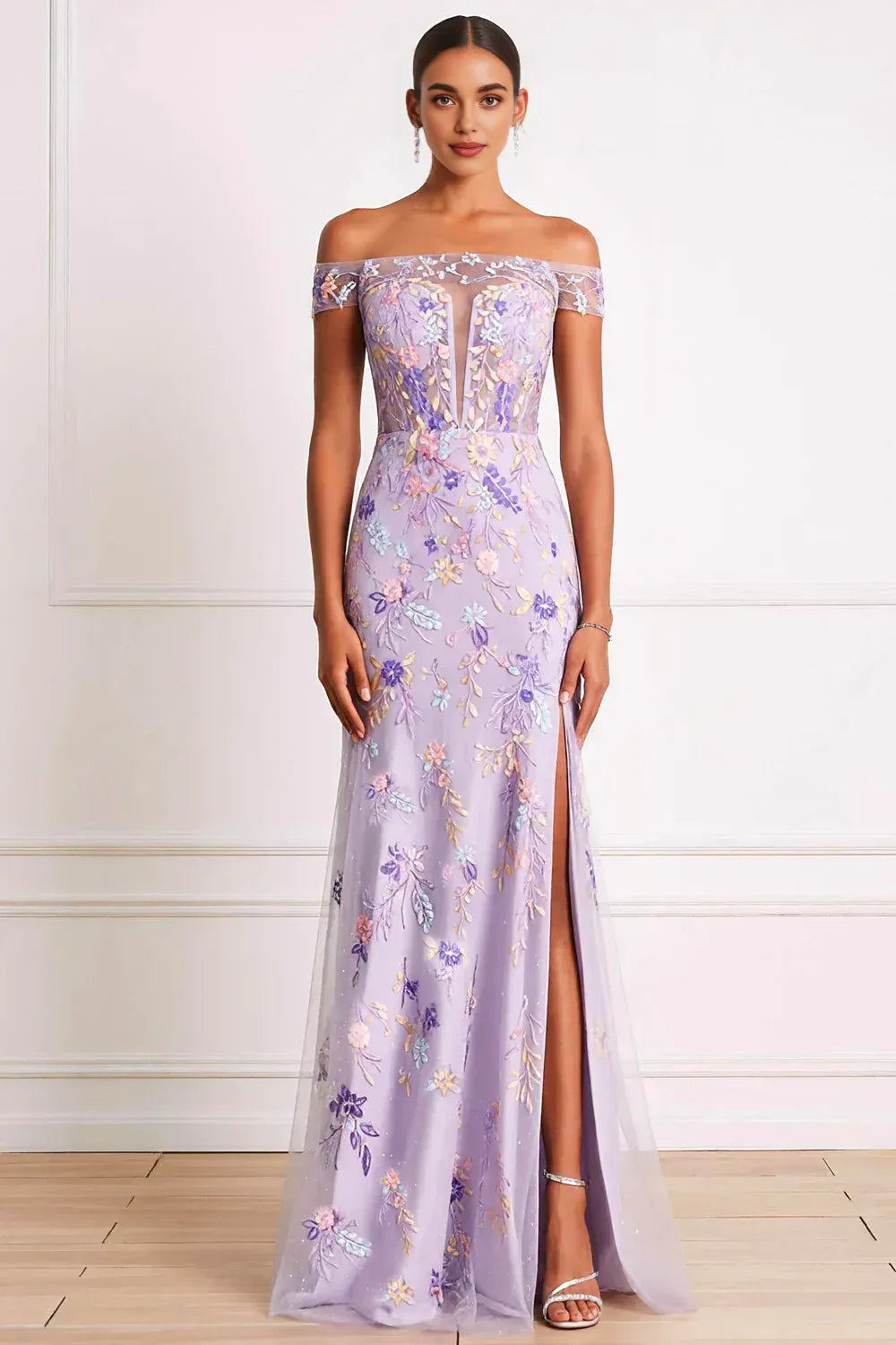 Exquisite Sheath Off the Shoulder Sleeveless Tulle Embroidered Floor-Length Prom Dress