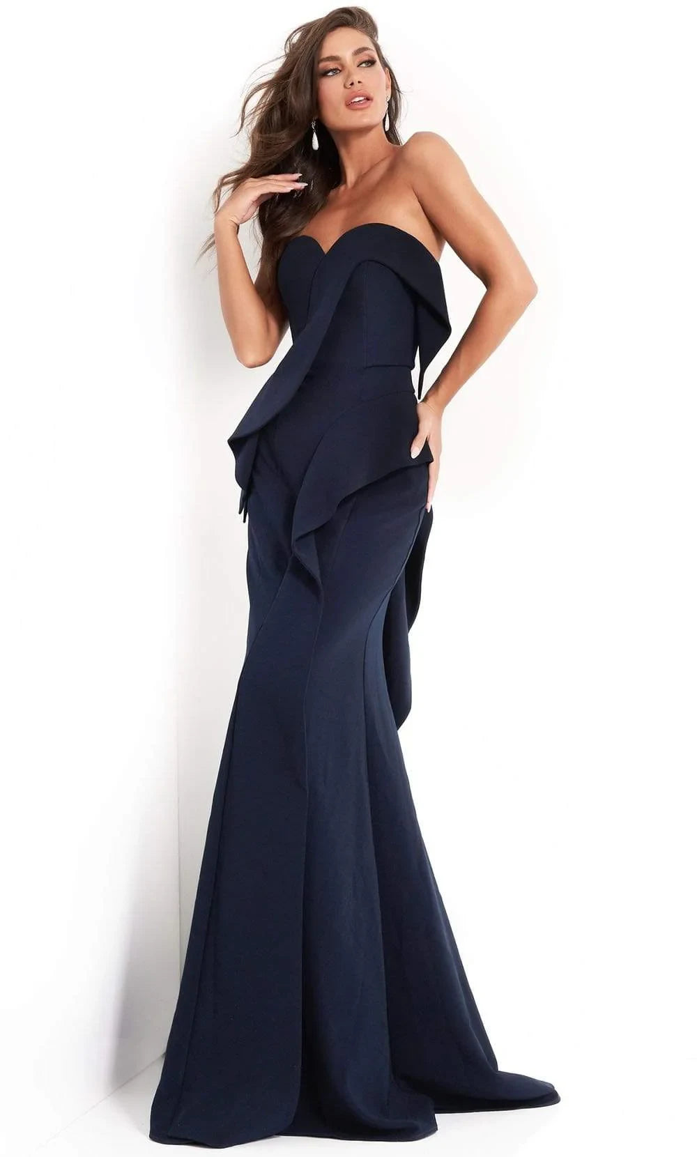 Exquisite Tailoring Stylish Mermaid Strapless Ruffled Navy Blue Floor-Length Prom Dress