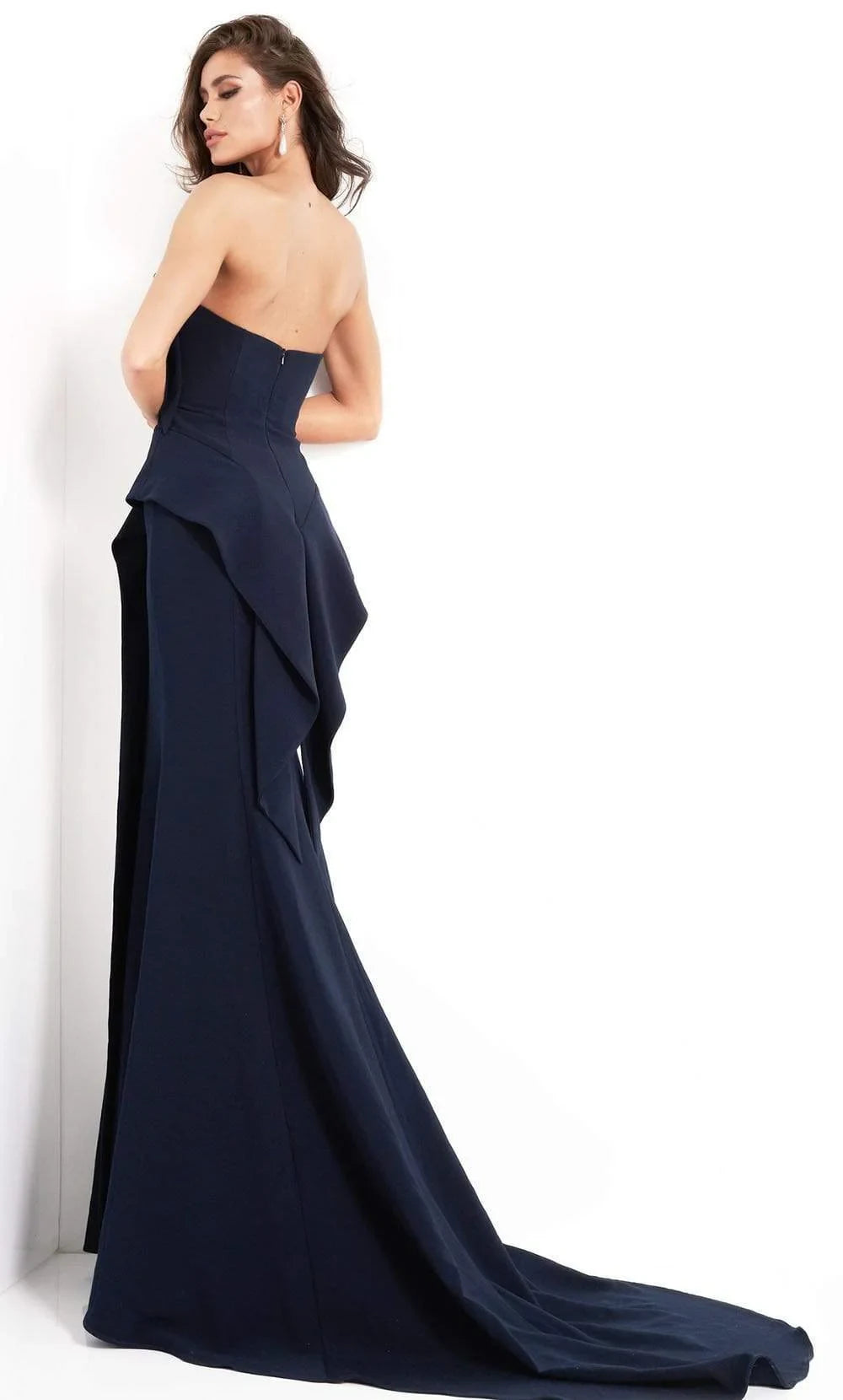 Exquisite Tailoring Stylish Mermaid Strapless Ruffled Navy Blue Floor-Length Prom Dress